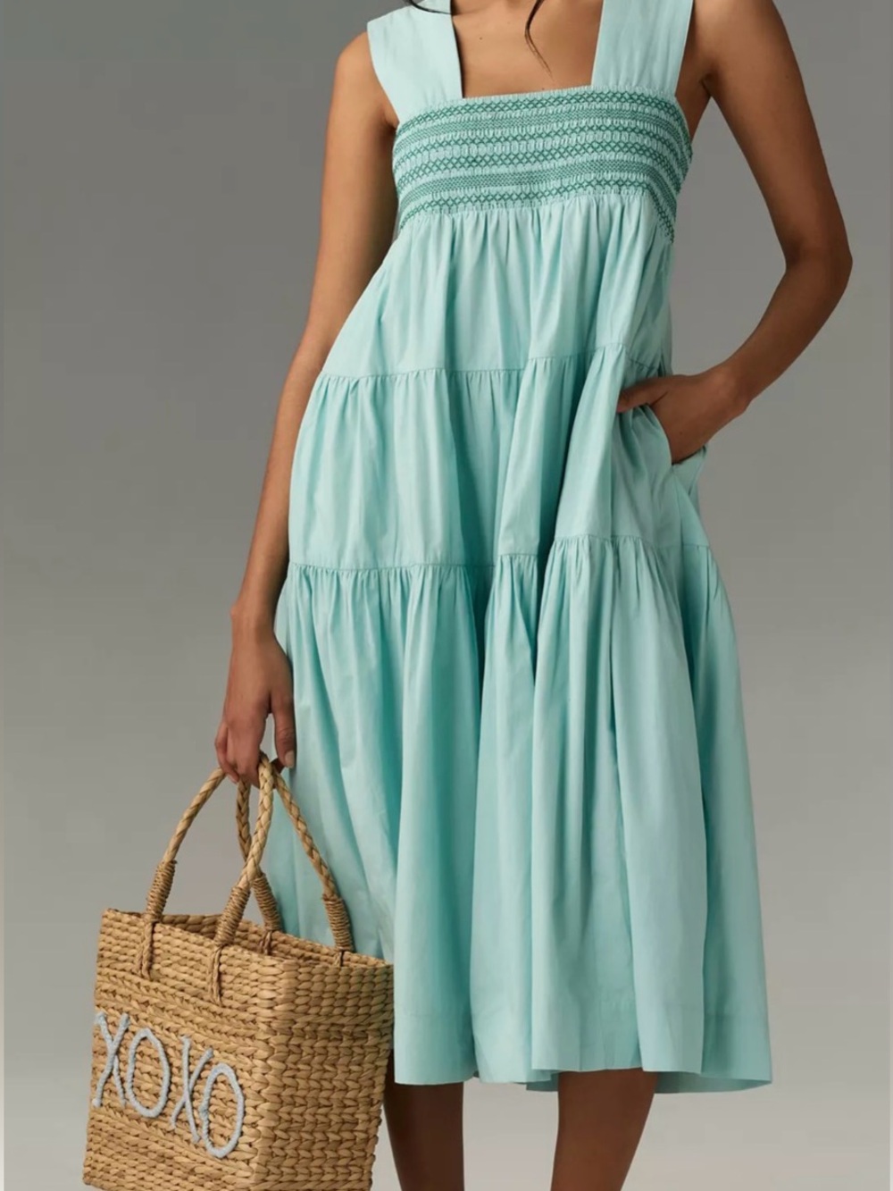 by Anthropologie The Helena Square-Neck Tiered Midi Dress Turquoise Size Medium